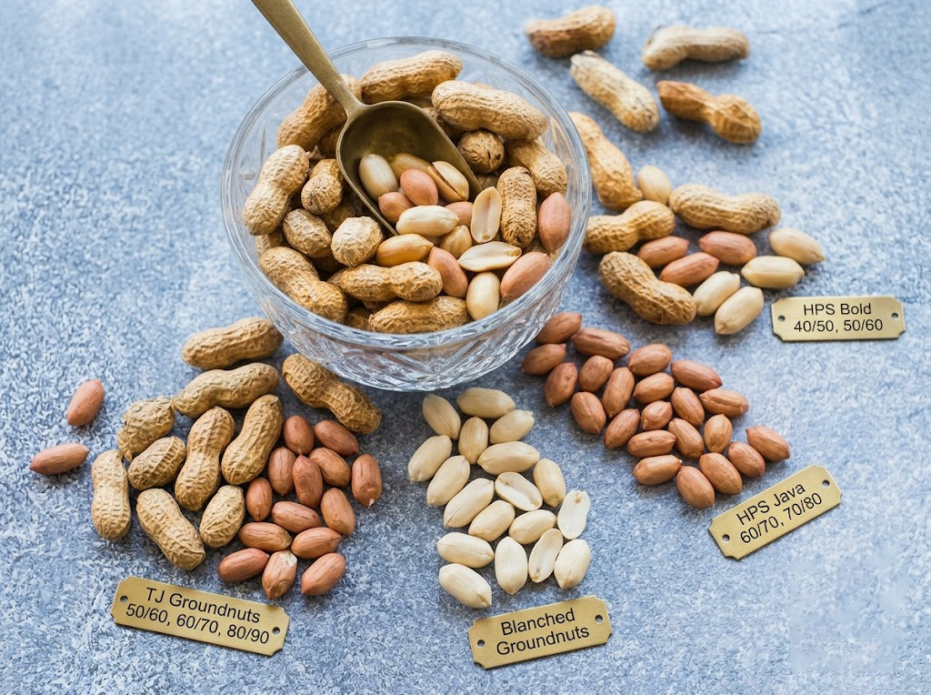 Indian groundnut kernels in Bold, Java and TJ varieties, showing different kernel sizes and blanched peanuts with count grades for export.