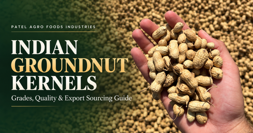 Indian groundnut pods held by hand against a background of groundnuts